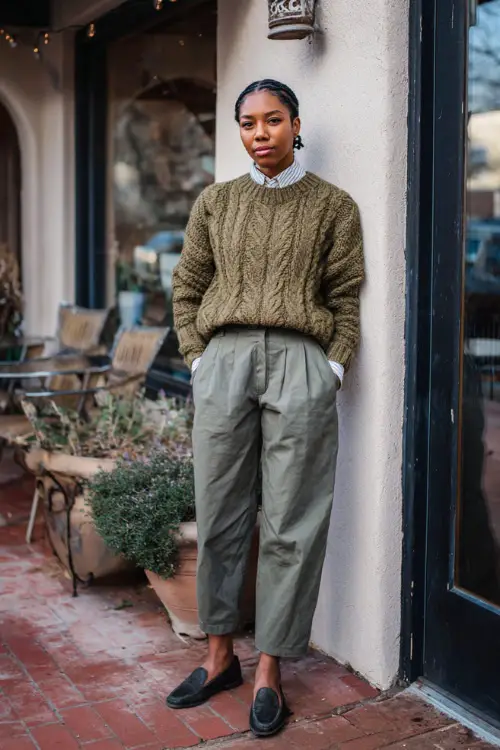 A woman wearing a modest sweater layered over a collared shirt, paired with straight-leg trousers and classic flats