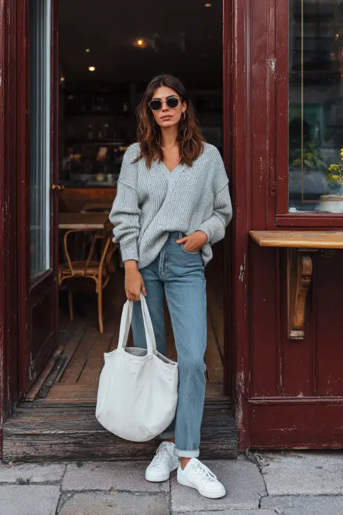 A woman wearing a relaxed knit sweater tucked into straight-leg jeans, styled with white sneakers and a canvas tote