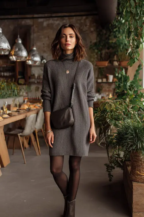 A woman wearing a relaxed sweater dress layered with tights and ankle boots, accessorized with a crossbody bag, standing in a casual winter brunch environment 
