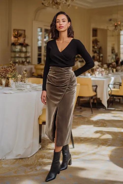 A woman wearing a sleek knit top paired with a satin or velvet midi skirt, layered with a long coat and elegant ankle boots, standing in a chic winter birthday brunch setting 