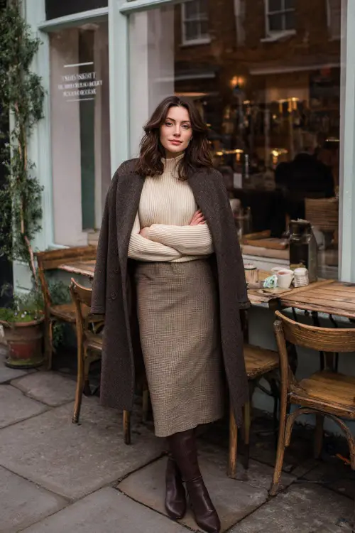 A woman wearing a soft knit sweater tucked into a midi skirt, layered with a tailored wool coat and styled with ankle boots