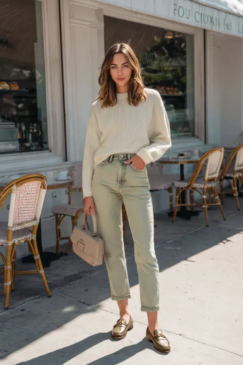 A woman wearing a soft knit sweater tucked into high-waisted straight-leg jeans, styled with loafers and a structured handbag 