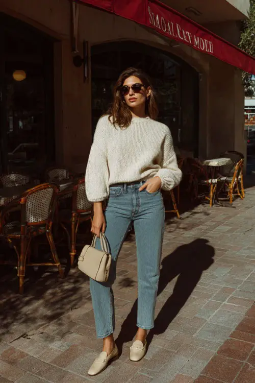 A woman wearing a soft knit sweater tucked into high-waisted straight-leg jeans, styled with loafers and a structured handbag