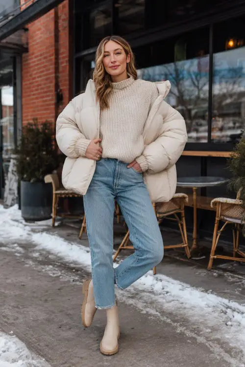 A woman wearing a soft knit sweater tucked into straight-leg jeans, layered with a warm puffer jacket and styled with ankle boots 