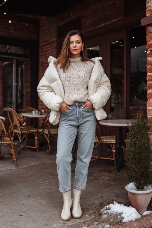 A woman wearing a soft knit sweater tucked into straight-leg jeans, layered with a warm puffer jacket and styled with ankle boots, standing outside a cozy winter brunch café