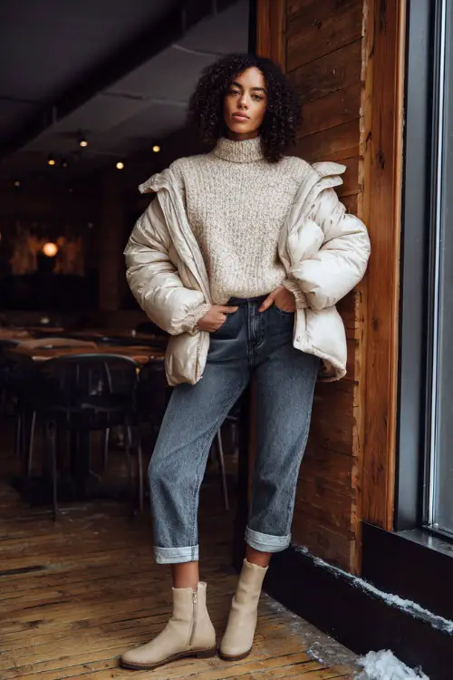 A woman wearing a soft knit sweater tucked into straight-leg jeans, layered with a warm puffer jacket and styled with ankle boots