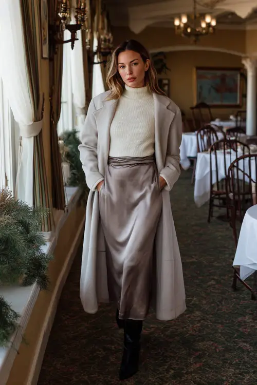 A woman wearing a soft knit top paired with a satin midi skirt, layered with a long coat and ankle boots, standing in a chic winter brunch date setting 
