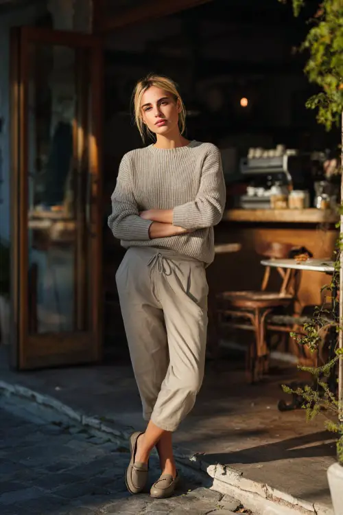 A woman wearing a soft sweater paired with ankle-length trousers and loafers, standing outside a neighborhood breakfast café in early daylight 