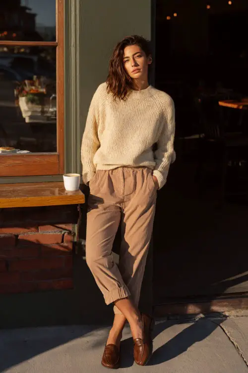 A woman wearing a soft sweater paired with ankle-length trousers and loafers, standing outside a neighborhood breakfast café in early daylight