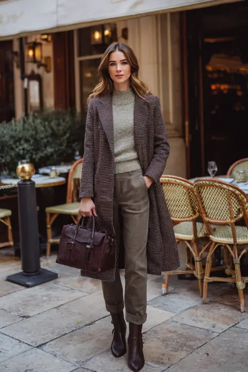 A woman wearing a tailored wool coat layered over a fitted knit sweater and straight-leg trousers, styled with ankle boots and a structured leather handbag