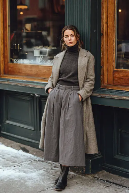 A woman wearing a turtleneck sweater tucked into a flowy ankle-length skirt, layered with a long tailored coat and flat boots
