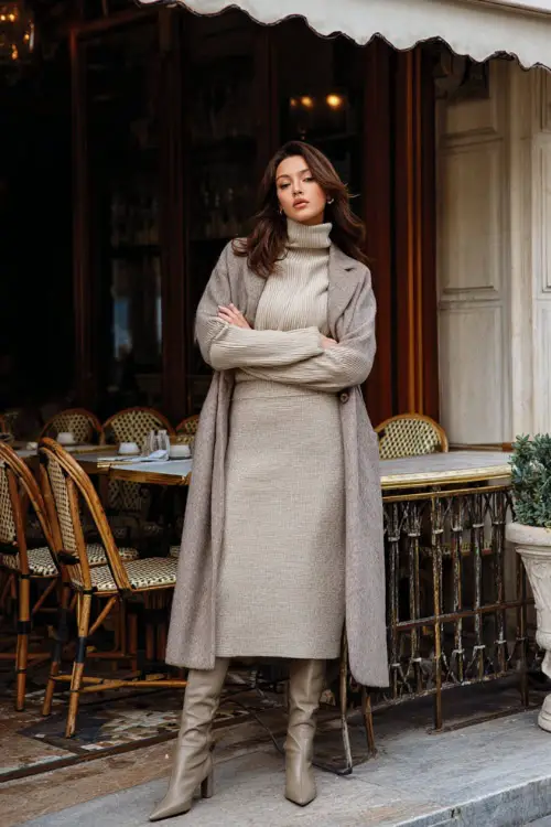 A woman wearing a turtleneck sweater tucked into a midi skirt, layered with a tailored long coat and heeled boots, standing near an elegant café setting in winter