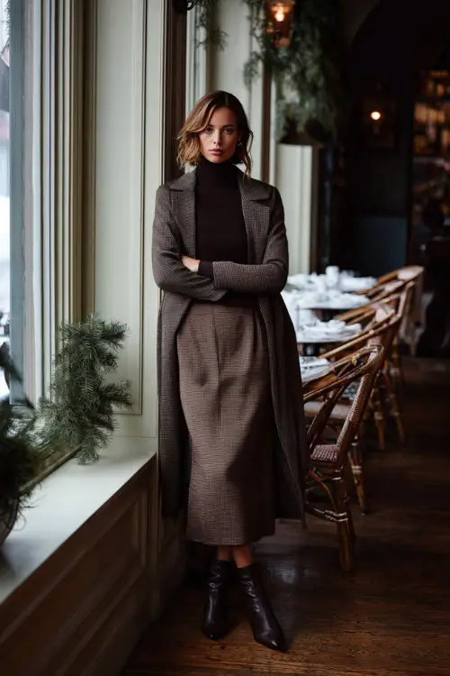 A woman wearing a turtleneck sweater tucked into a midi skirt, layered with a tailored long coat and heeled boots, standing near an elegant café setting in winter