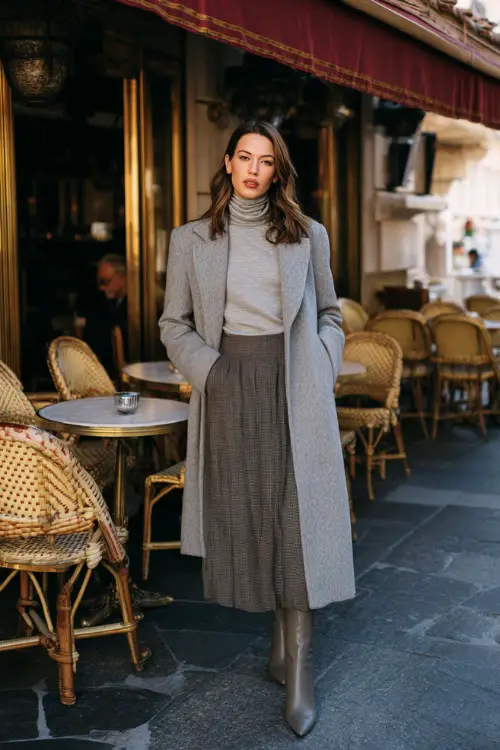 A woman wearing a turtleneck sweater tucked into a pleated midi skirt, layered with a long tailored coat and heeled ankle boots, standing near an elegant café setting in winter