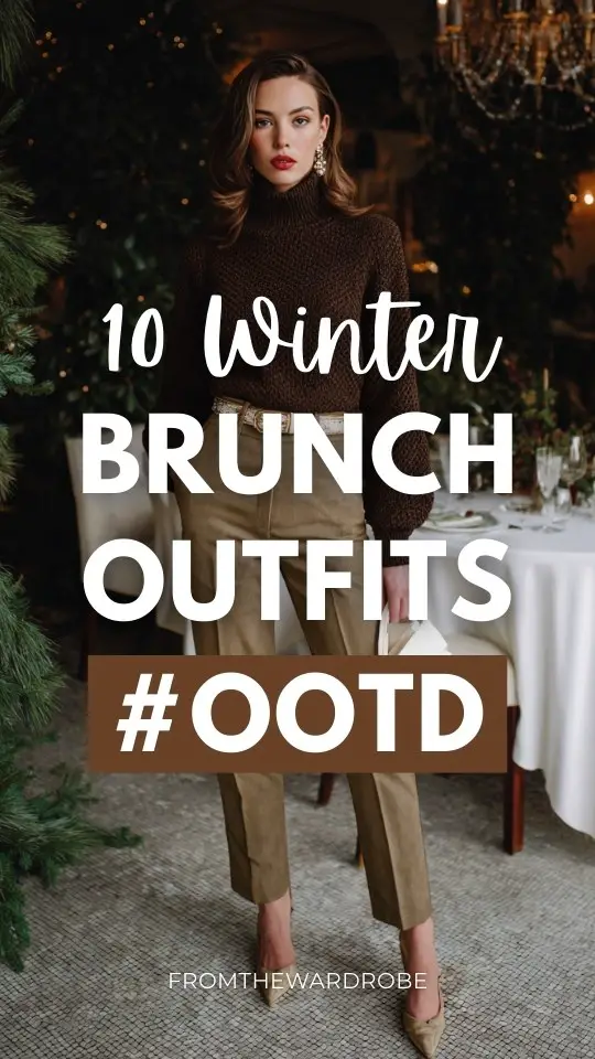 A woman wearing a winter brunch outfit with a cozy knit sweater paired with tailored trousers and a statement belt, ootd