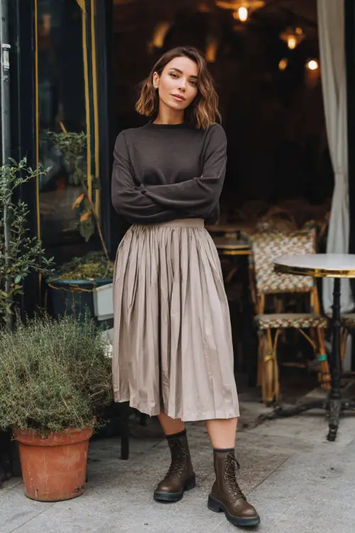 A woman wearing ankle boots styled with a pleated midi skirt and a tucked-in long-sleeve top, standing outside a cozy brunch café in cooler weather