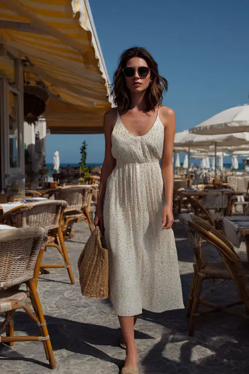 A woman wearing espadrille wedges styled with a flowy sundress and a straw handbag, standing in a relaxed outdoor brunch café setting