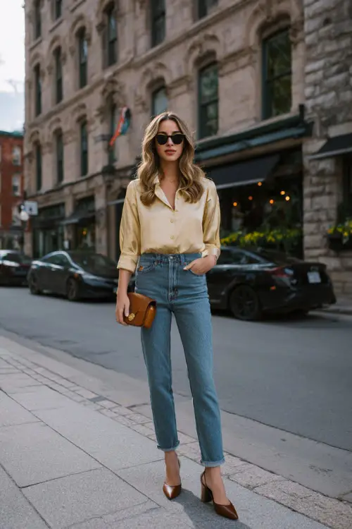 A woman wearing low block heels styled with straight-leg jeans and a polished blouse, carrying a small shoulder bag, standing on a city street near a brunch spot