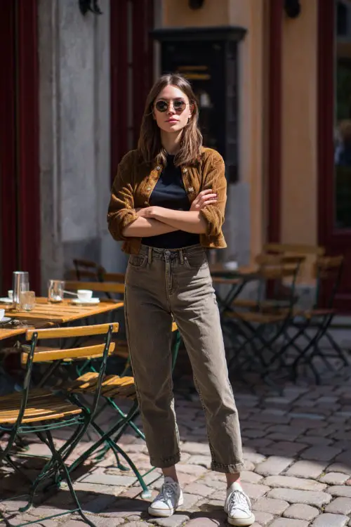 A woman wearing straight-leg jeans with a fitted top and a lightweight jacket, styled with sneakers or flats, standing near café tables during breakfast hours 