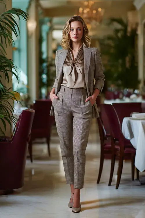 A woman wearing tailored ankle-length trousers paired with a silk blouse and a refined blazer, styled with low heels, standing in a polished winter brunch environment