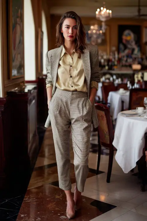 A woman wearing tailored ankle-length trousers paired with a silk blouse and a refined blazer, styled with low heels