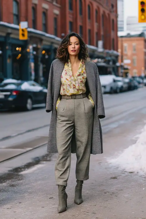 A woman wearing tailored trousers paired with a romantic blouse and a statement wool coat, styled with heeled boots