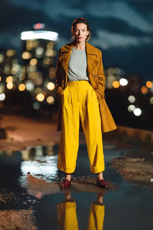A woman wearing tailored wide-leg trousers with a tucked-in top and a sleek raincoat, styled with loafers, standing near puddles reflecting city lights 