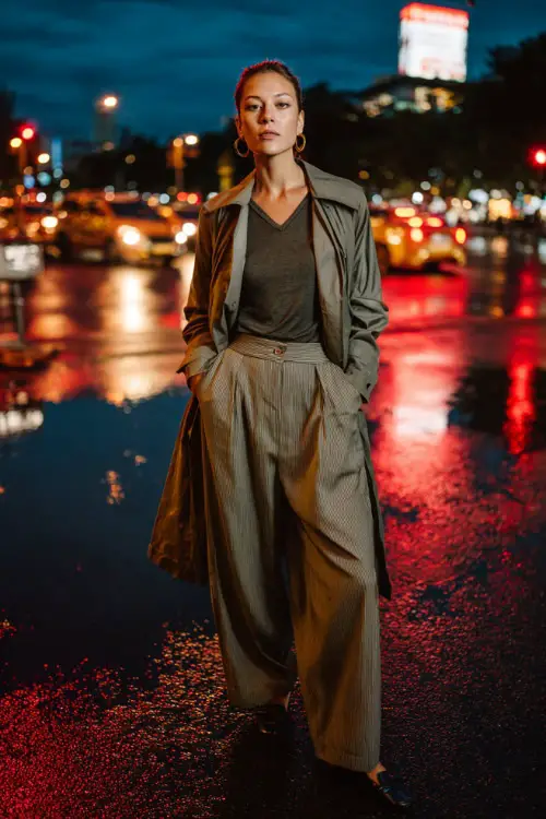 A woman wearing tailored wide-leg trousers with a tucked-in top and a sleek raincoat, styled with loafers, standing near puddles reflecting city lights