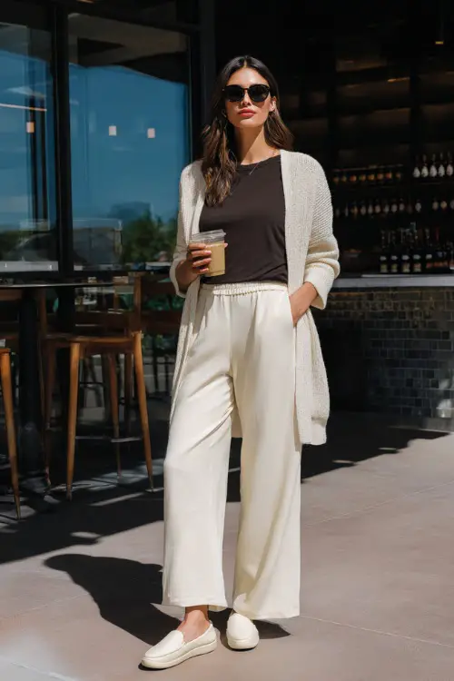 A woman wearing wide-leg pants with a tucked-in tee and lightweight cardigan, styled with slip-on shoes, standing outside a modern brunch café