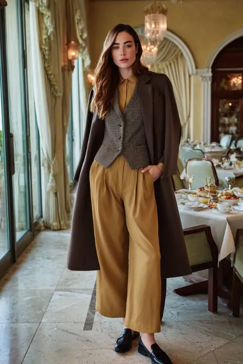 A woman wearing wide-leg trousers paired with a long-sleeve blouse and a lightweight knit vest, layered with a structured coat and loafers