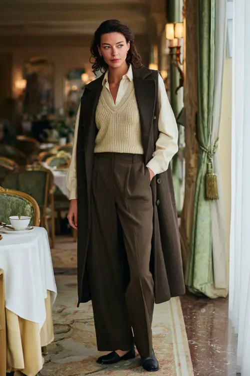 A woman wearing wide-leg trousers paired with a long-sleeve blouse and a lightweight knit vest, layered with a structured coat and loafers