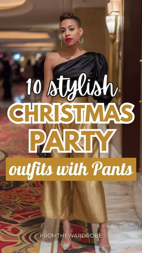 A woman wears a Christmas party outfit with pants, black satin one-shoulder blouse and metallic heels
