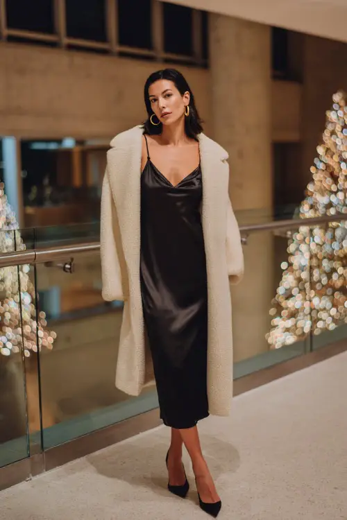 A woman wears a black satin midi slip dress layered with a cream wool coat, gold hoops, and classic pumps, full body in a modern holiday party space with bokeh lights 