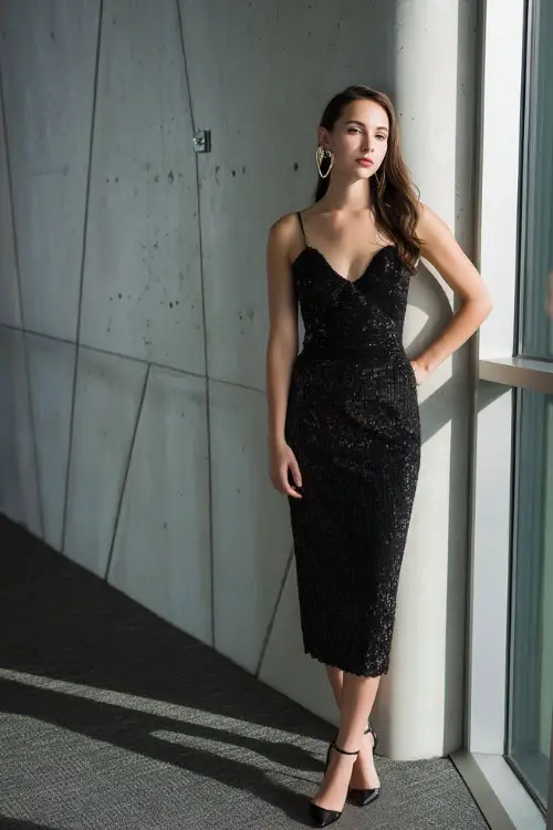 A woman wears a black sequin midi dress, delicate earrings, and sleek heels, standing full body in a modern Christmas night party with dramatic lighting