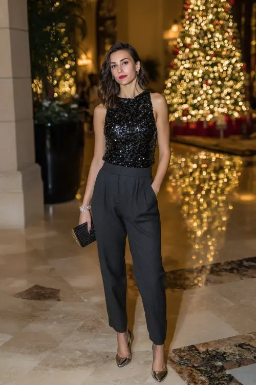 A woman wears a black sequin top paired with tailored charcoal pants, metallic heels, small clutch, full body at a festive night party scene with a glowing Christmas tree