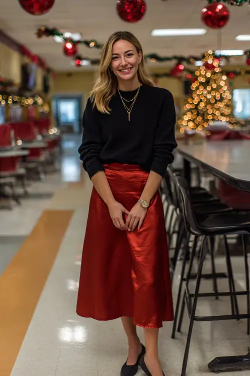 A woman wears a black sweater tucked into a red midi skirt, black flats, subtle gold necklace, standing full body in a school cafeteria arranged with holiday décor for a Christmas event