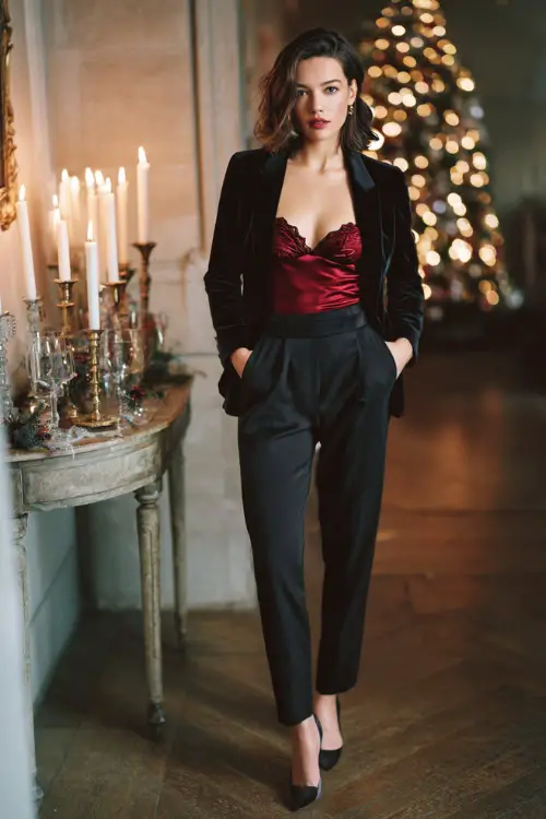A woman wears a black velvet blazer over a red satin camisole, tailored black trousers, pointed heels