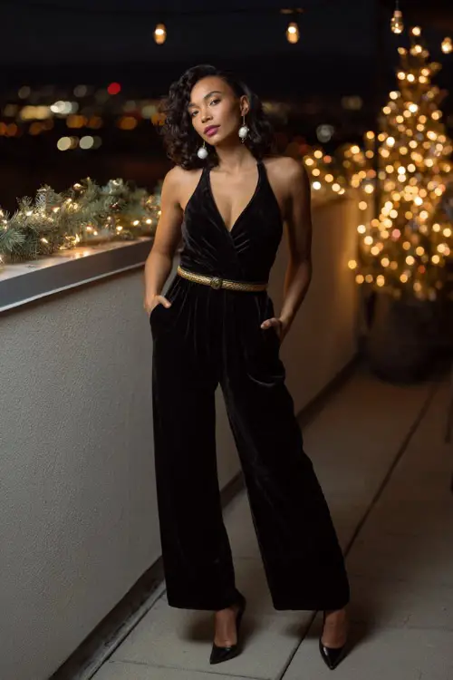 A woman wears a black velvet jumpsuit with a gold belt accent, pearl studs, sleek heels, full body in a glowing night terrace party with fairy lights and Christmas ornaments