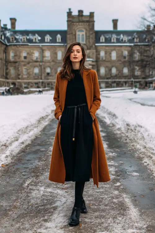 A woman wears a black wool midi dress with a cinched waist, paired with a caramel long overcoat, black tights, and polished loafers 