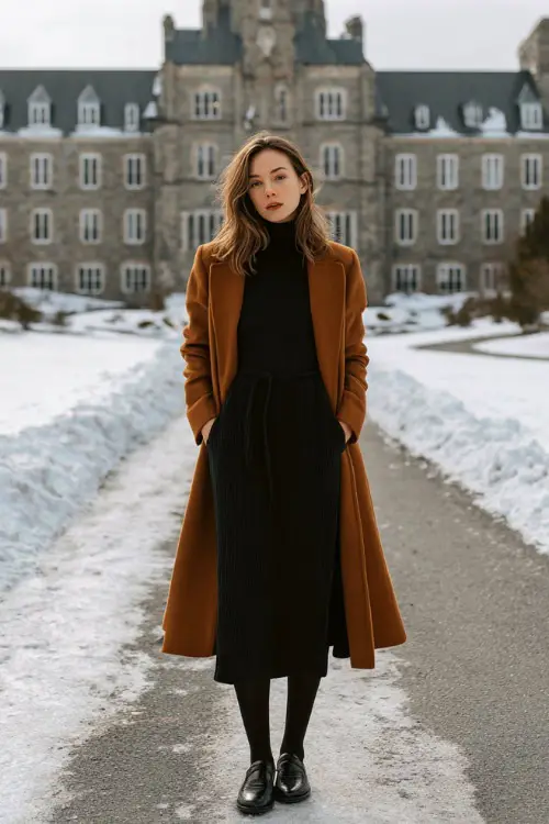 A woman wears a black wool midi dress with a cinched waist, paired with a caramel long overcoat, black tights, and polished loafers