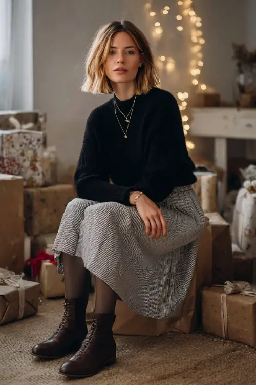 A woman wears a black wool sweater, grey pleated midi skirt, opaque tights, low-heel leather boots