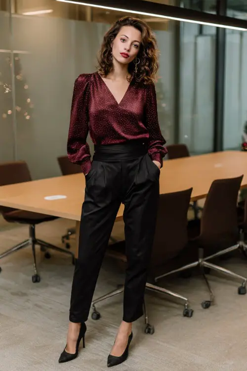 A woman wears a burgundy blouse with subtle shimmer, black high-waist trousers, leather heels 
