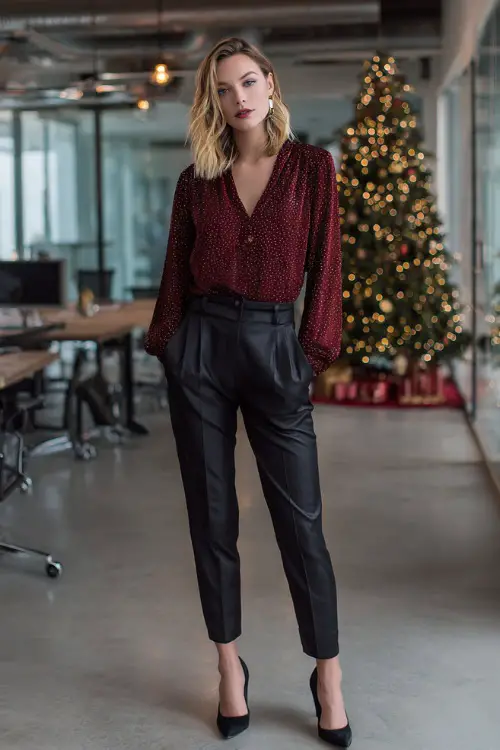 A woman wears a burgundy blouse with subtle shimmer, black high-waist trousers, leather heels