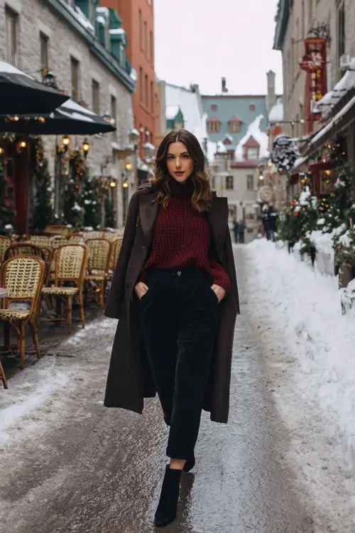 A woman wears a burgundy knit sweater with high-waisted black trousers, heeled booties, and a wool trench coat, walking along a snowy restaurant-lined street