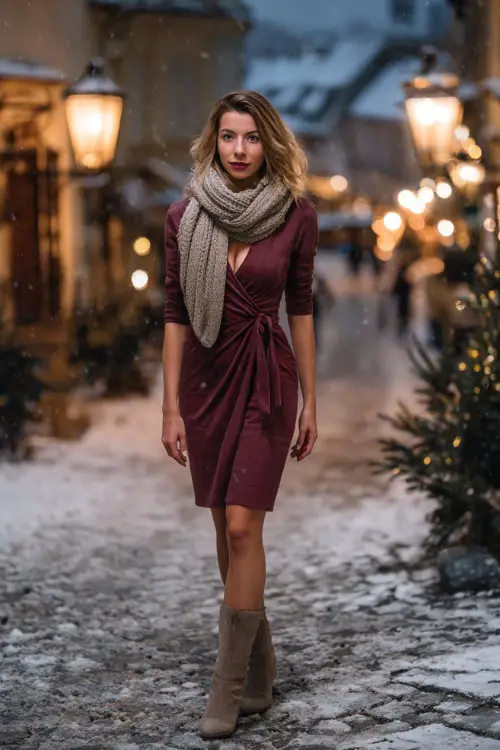 A woman wears a burgundy wrap dress with a cashmere scarf and heeled boots, standing full body on a cobblestone walkway illuminated by soft lanterns and falling snow