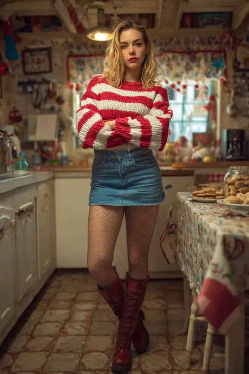 A woman wears a candy-cane striped sweater, denim skirt, tights, and boots, standing full body in a cozy kitchen Christmas party with cookies and colorful decorations