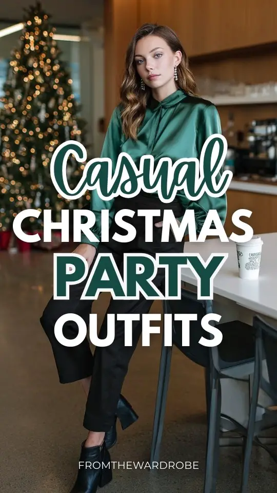 A woman wears a casual Christmas party outfit with an emerald green satin blouse, black straight pants, small pearl earrings, block heel ankle boots