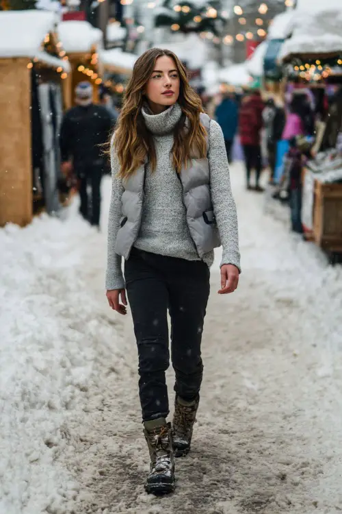 A woman wears a casual gray knit sweater layered under a cropped puffer vest, paired with black jeans and hiking-inspired winter boots