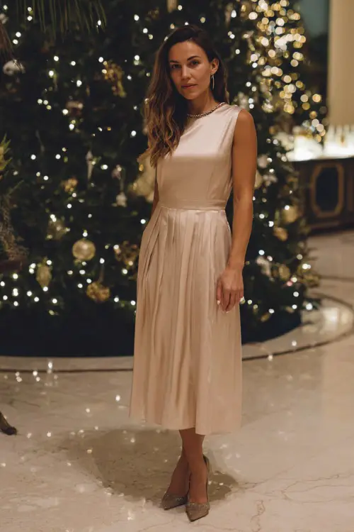 A woman wears a champagne satin midi dress with subtle pleats, minimalist pearl necklace, metallic heels, full body at a refined Christmas cocktail event with a lit tree behind 
