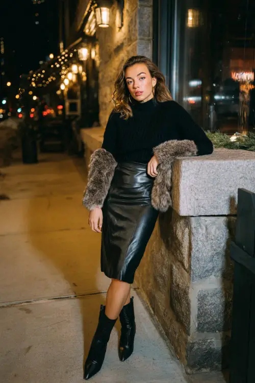 A woman wears a chic black sweater with a leather-look midi skirt, paired with heeled boots and a faux-fur jacket, posing beside an upscale winter dining spot at night